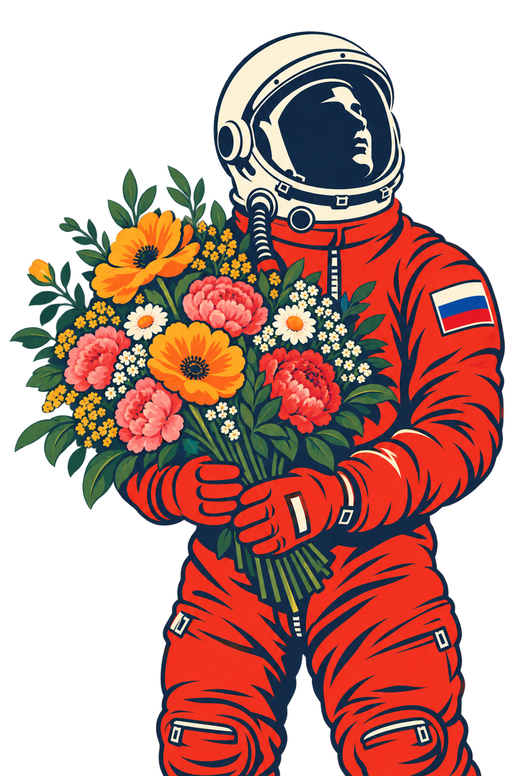 Стилизованный космонавт с ярким букетом цветов и нашивкой с флагом России